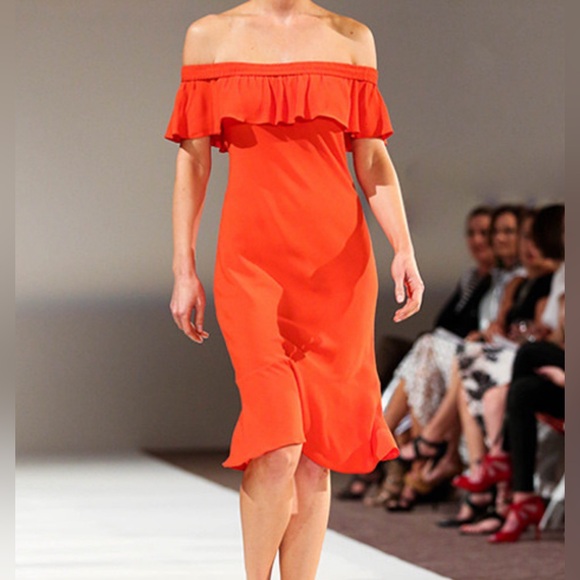 $550 VERONICA BEARD MADE IN USA Dress Sz 12 OLETA Off The Shoulder Ruffled Midi - Picture 2 of 16